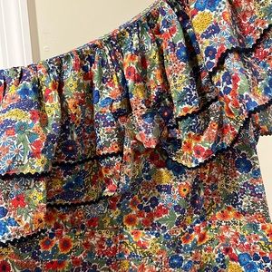 Gorgeous Liberty of London for Jcrew Asymmetrical ruffle wide leg jumpsuit .